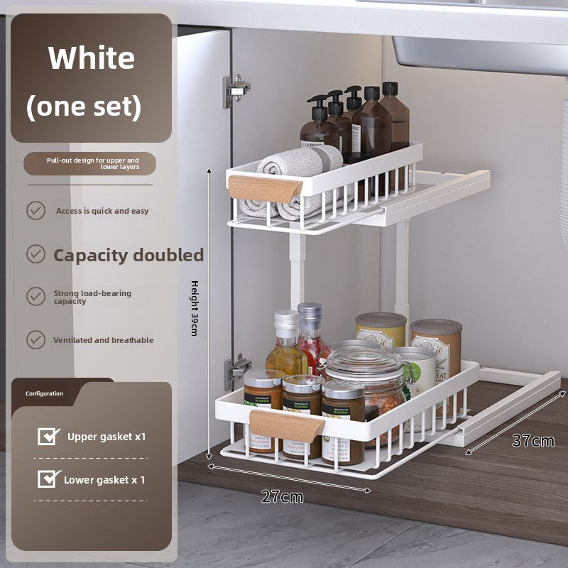Pull-Out Sink Storage Rack with Wooden Handle