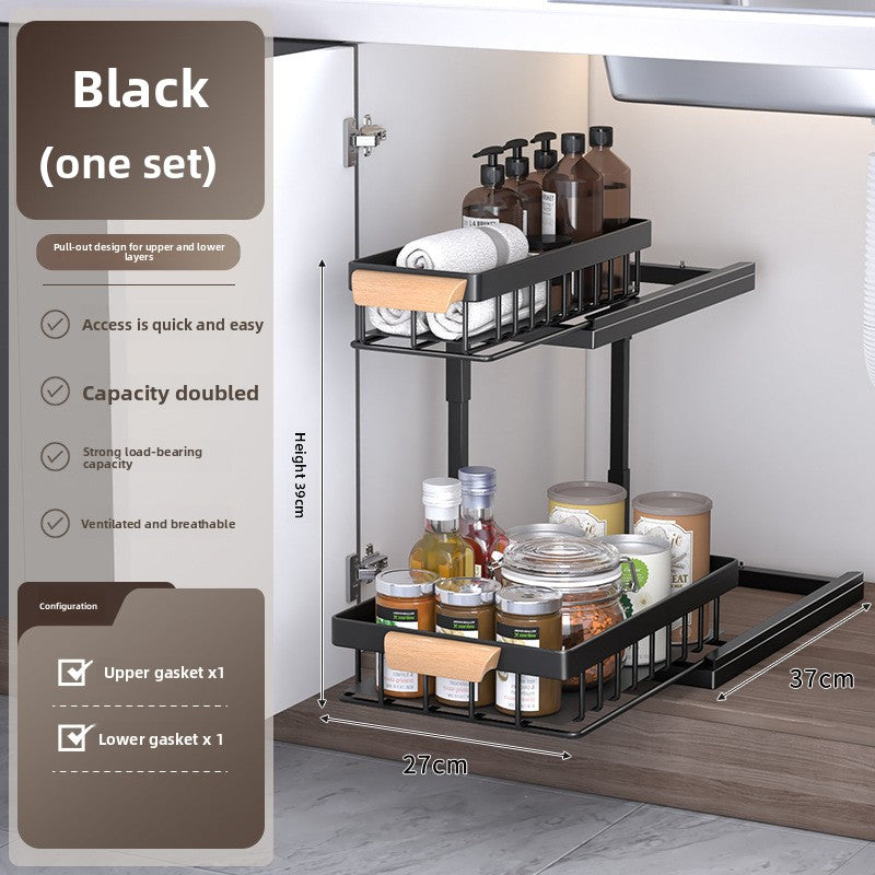 Pull-Out Sink Storage Rack with Wooden Handle