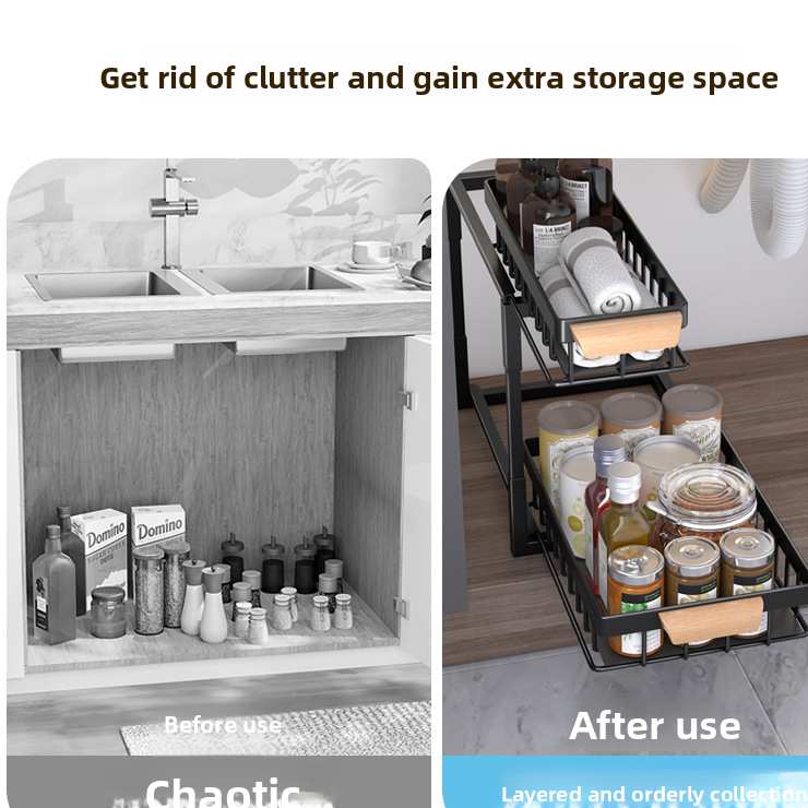 Pull-Out Sink Storage Rack with Wooden Handle