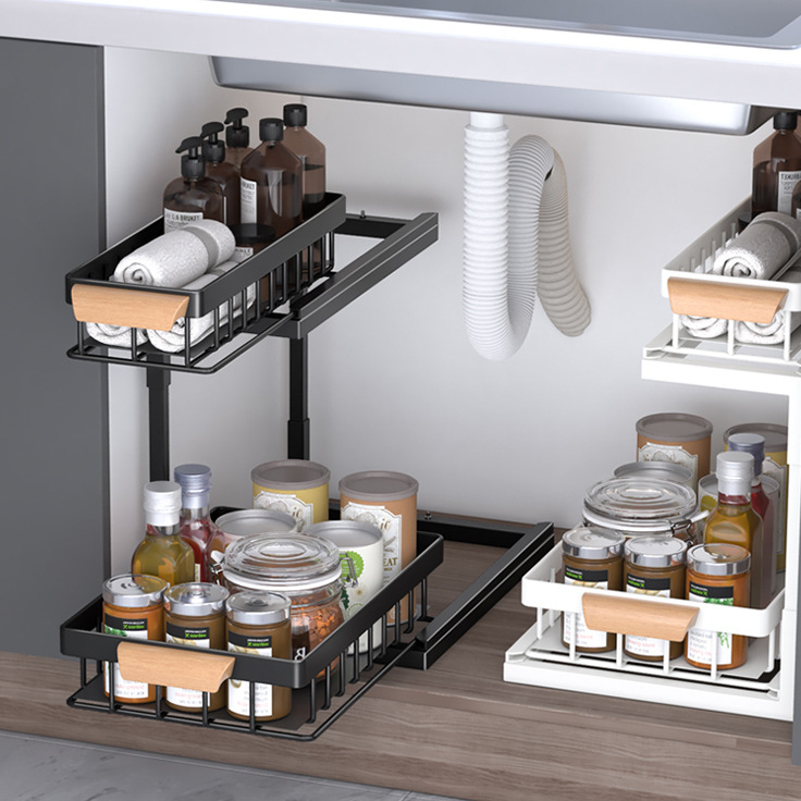 Pull-Out Sink Storage Rack with Wooden Handle